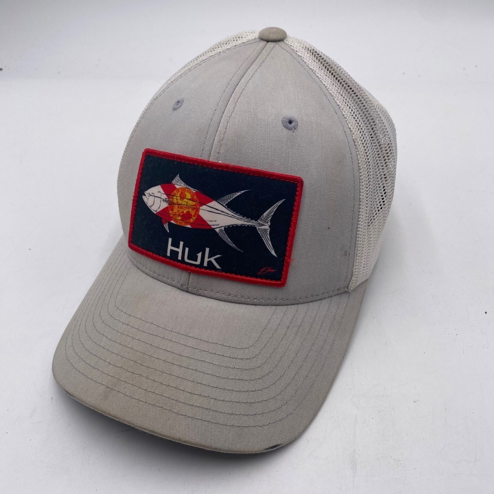 FLORIDA Huk Tuna Flag Trucker Hat Mens Gray Mesh Snapback Fishing Performance
